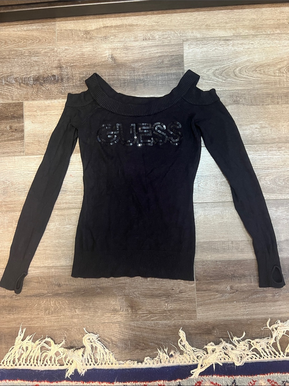 Vintage Guess Sequin Logo Cut Out Sweater Top Black Sz S